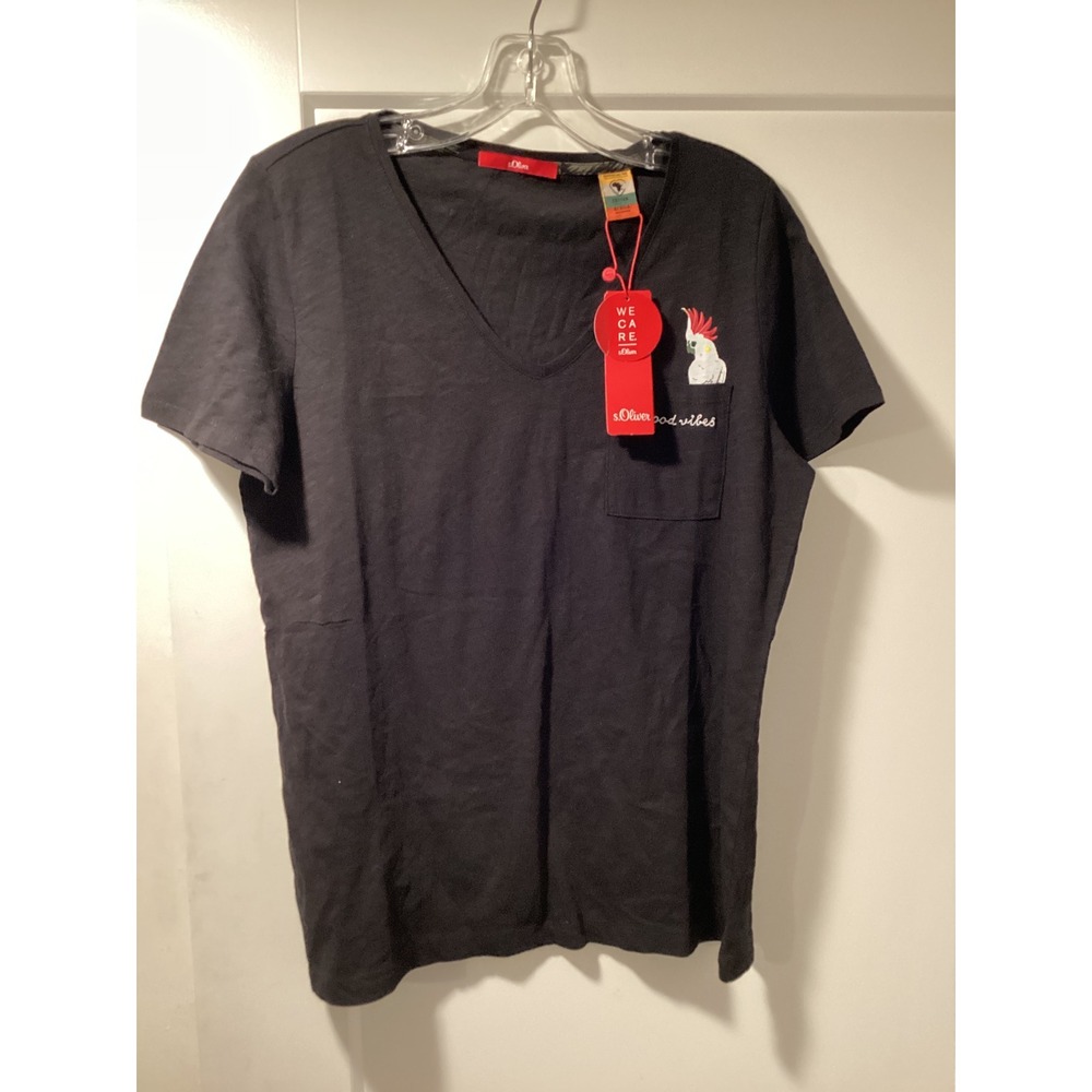 s.Oliver Womens Black V-Neck Cockatoo Pocket T-Shirt Good Vibes Cotton US 8